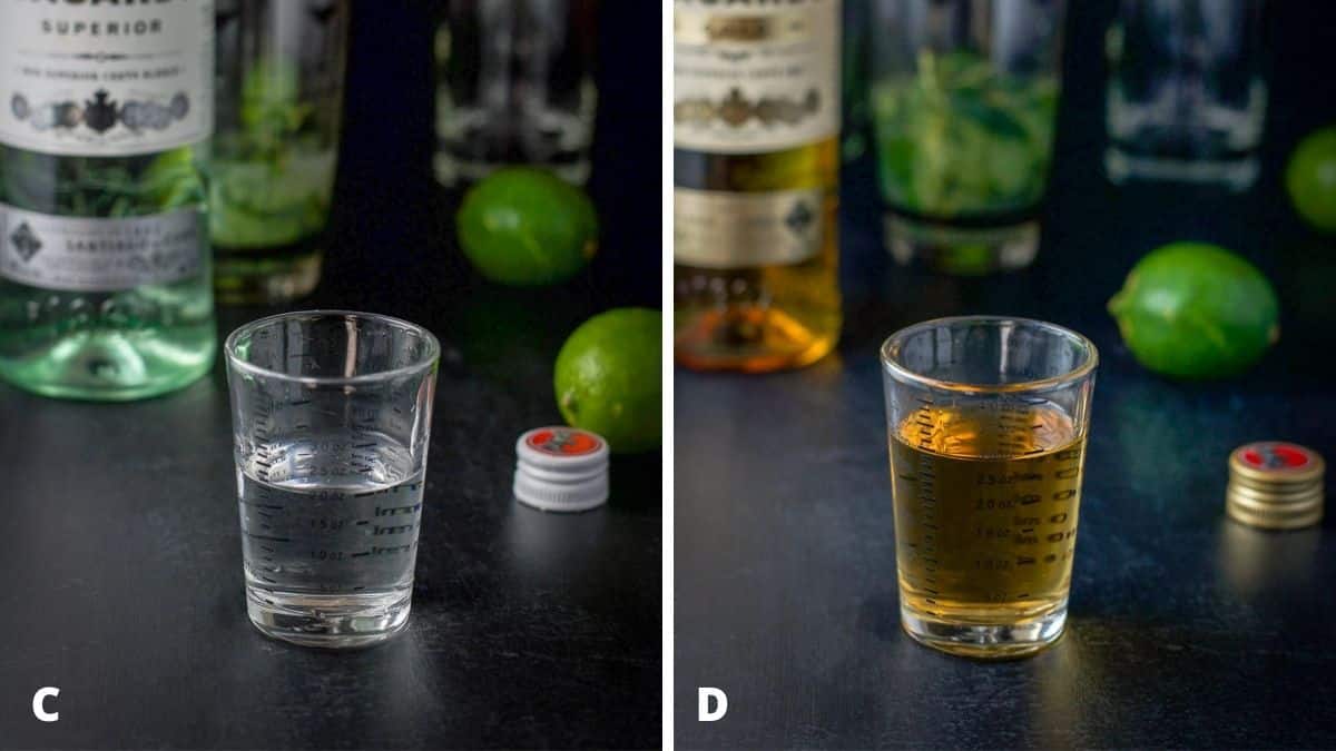 Clear rum and gold rum measured out with the bottles behind them along with the shaker and limes