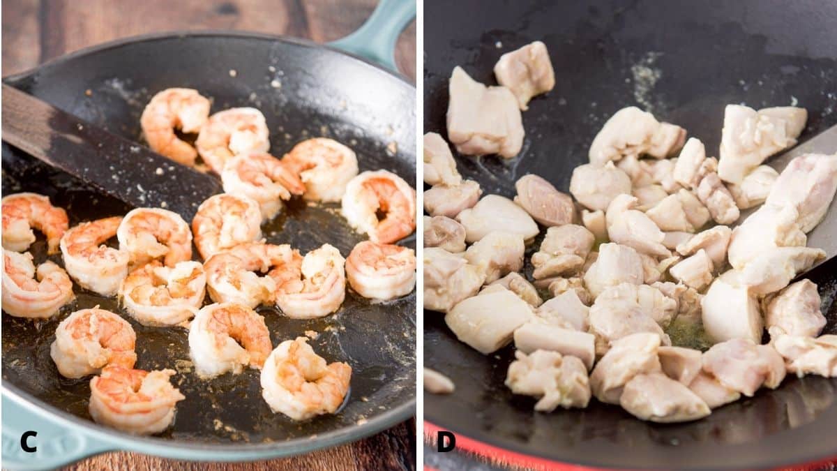 On the left - saut&eacute;ed shrimp in a pan and on the right - saut&eacute;ed chicken in a wok