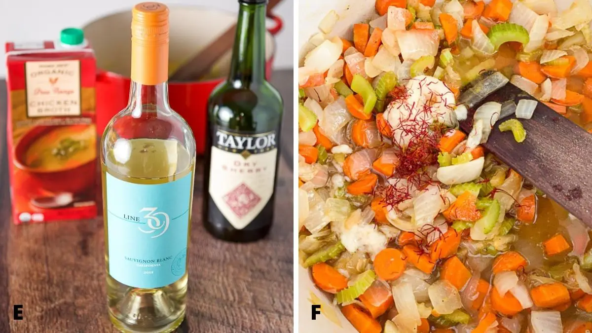 On the left - Sauvignon blanc, sherry, chicken broth and a red pan. On the right, onions, carrots and celery in a pan with garlic, saffron, wine and sherry