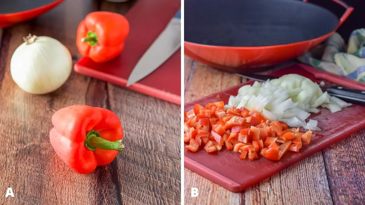 Red bell peppers and onions both whole and chopped on a red board with a wok in the background