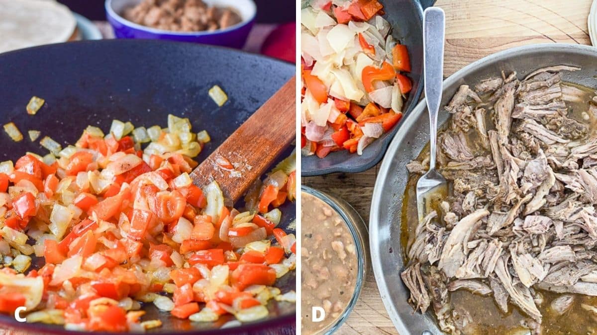Cooked vegetables in the wok on the left and pulled pork and beans on the right