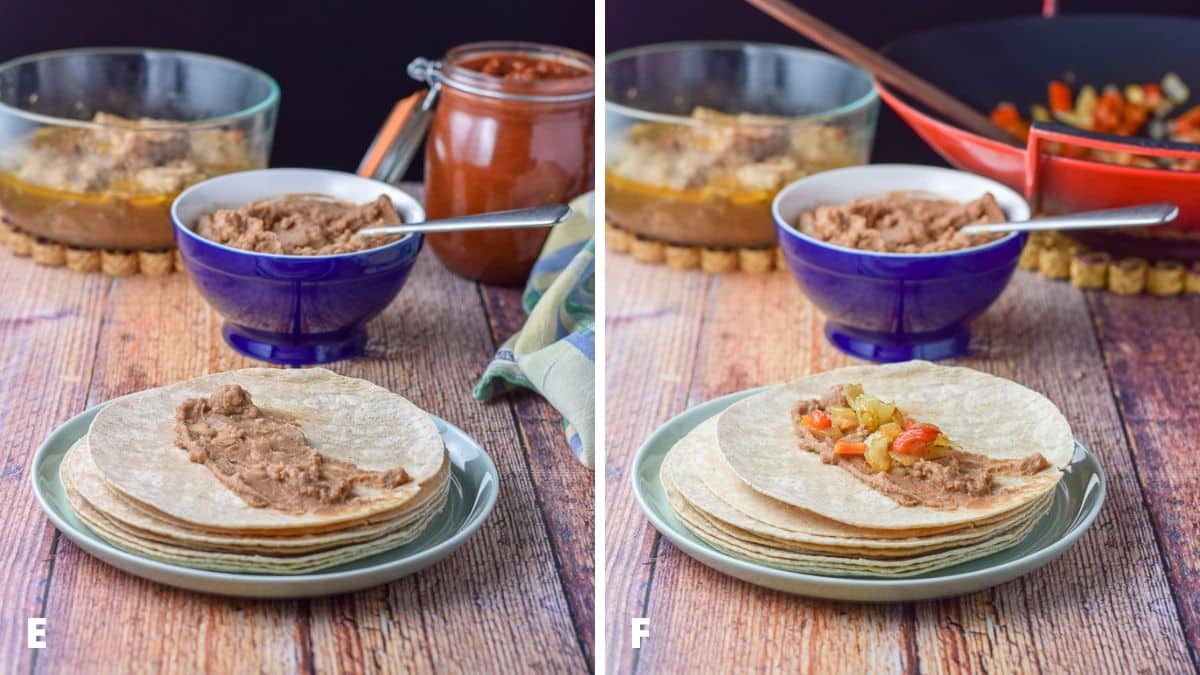 Beans smeared on the tortilla and vegetables added on the beans. The rest of the ingredients are also on the table