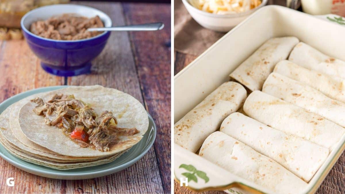 Pulled pork added to the tortilla with a bowl of beans in the background and the tortillas rolled and put in a baking dish