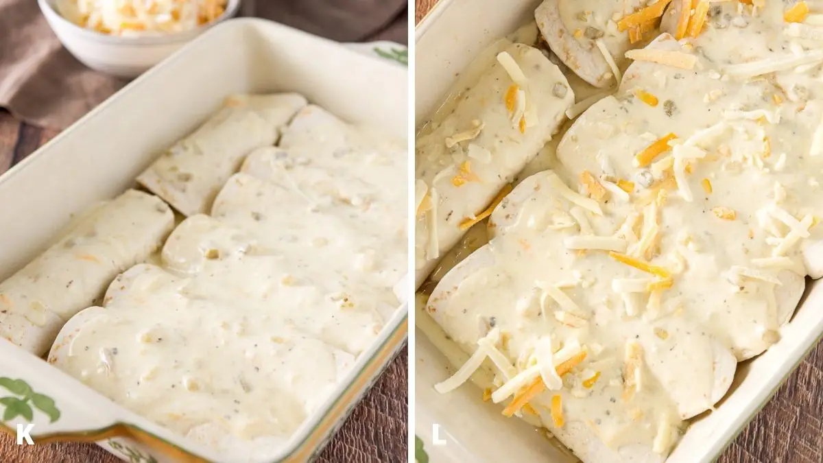 Sour cream sauce added on top of the enchiladas on the left and on the right shredded cheese added on top