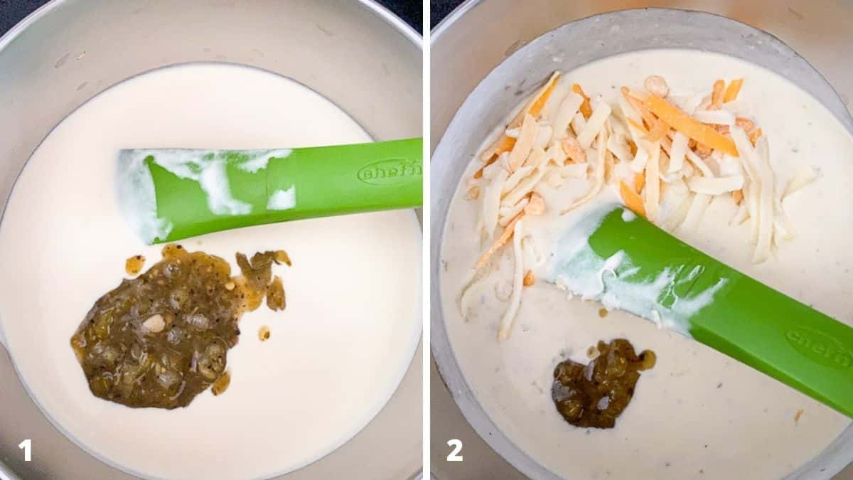 Salsa verde added to the sour cream sauce on the left and sour cream and shredded Mexican cheese added to the right