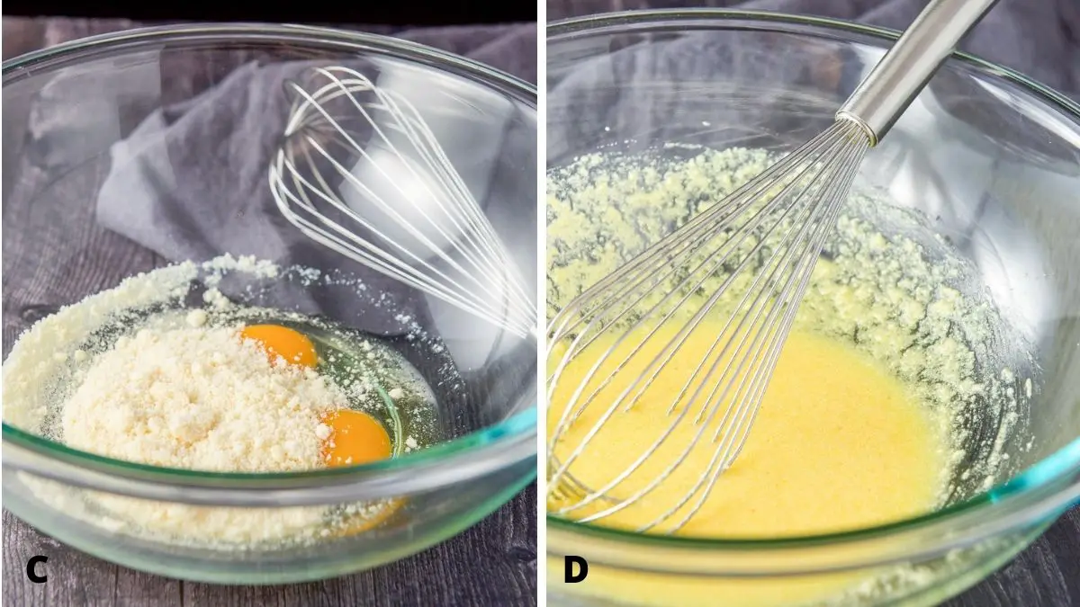 On the left - a glass bowl with eggs and parmesan cheese in it and on the right - the ingredients whisked together