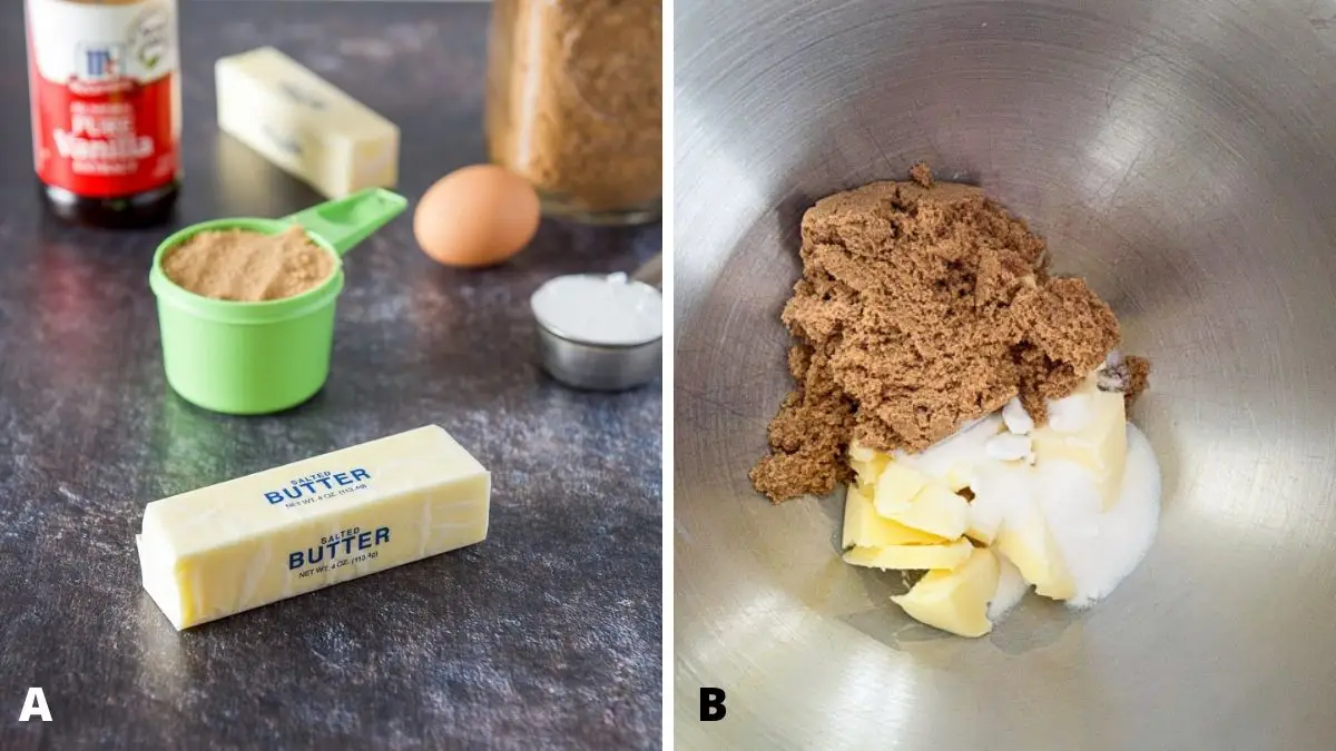 On the left - butter, sugars, egg and vanilla. On the right - butter and sugars in a metal mixer