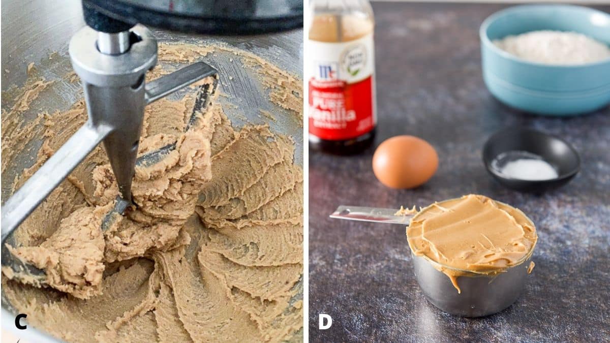 On left - butter and sugar mixed in mixer and on the right - peanut butter, egg, flour, vanilla and flour on the table