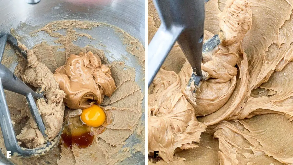 On left - peanut butter, egg and vanilla added to mixer and on the right the wet ingredients mixed together