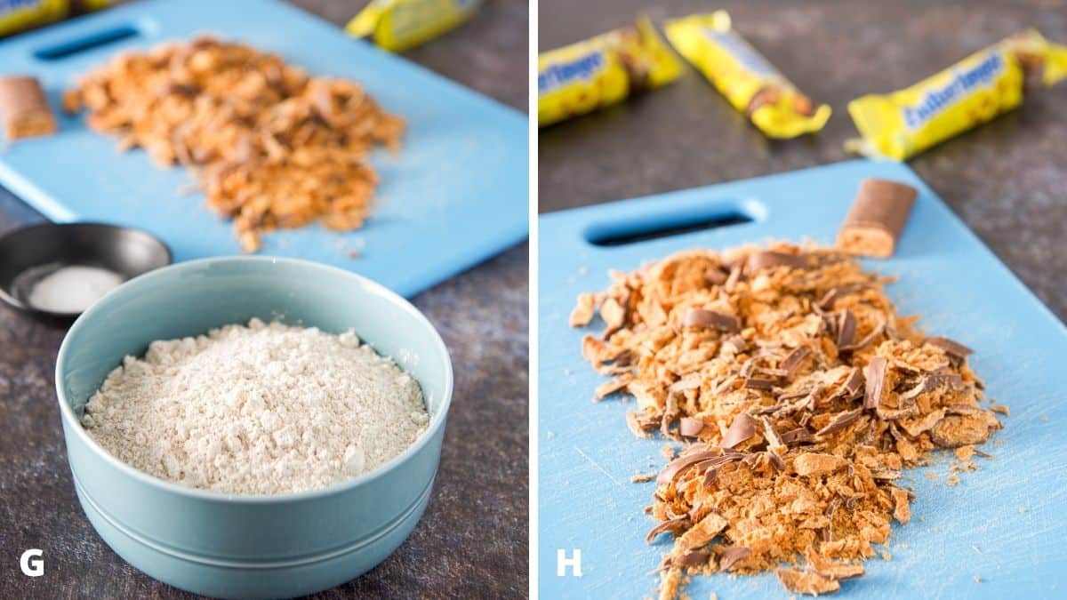 On the left - flour, baking soda and chopped butterfinger and on the right - butterfinger candy bars chopped on a blue board