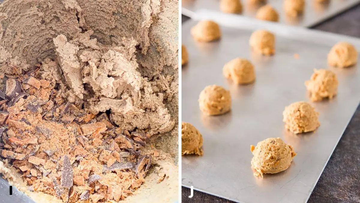 On the left - the dry ingredients mixed in the mixer and the butterfinger candy added in. On the right, the cookie dough on cookie sheets