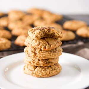 A white plate with 5 cookies in a stack. The top cookie has a bite in it - square