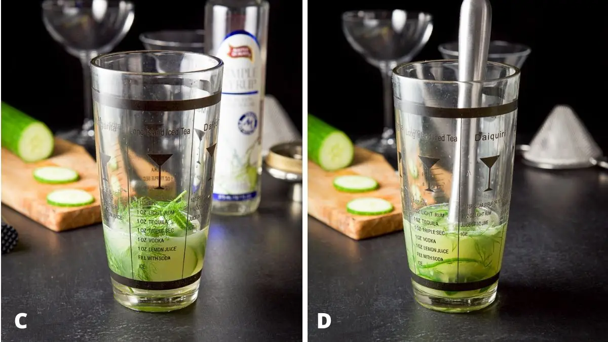 Left - lime juice and simple syrup added to the shaker for cucumber and dill. Right - the shaker with the muddled cucumber and dill
