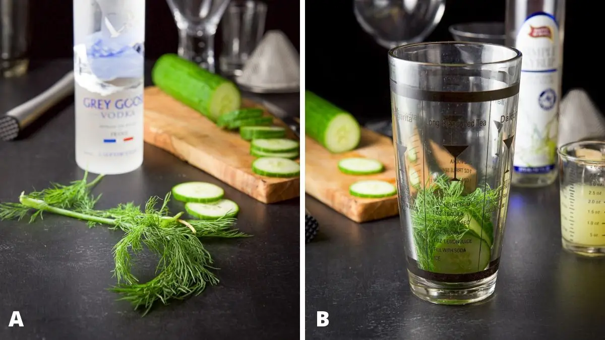 Left - dill, vodka, sliced cucumber and muddler. Right - cucumber and dill added to the cocktail shaker with lime and simple syrup on the side