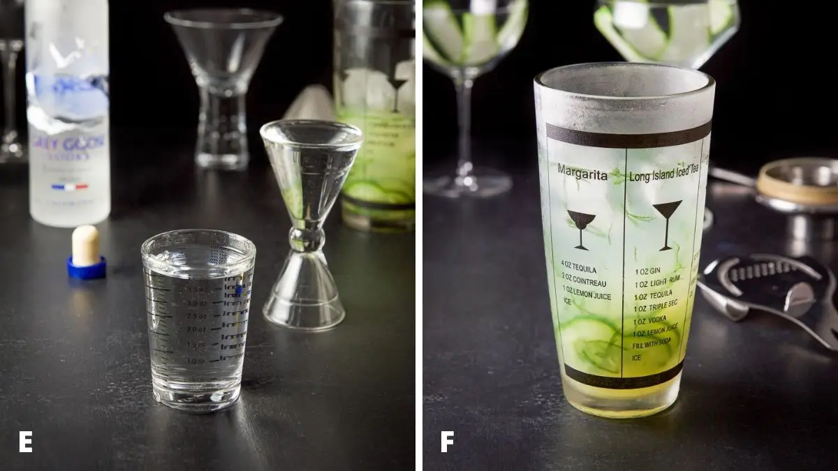 Left - vodka measured with the bottle and shaker. Right - vodka added to the shaker with the rest of the ingredients