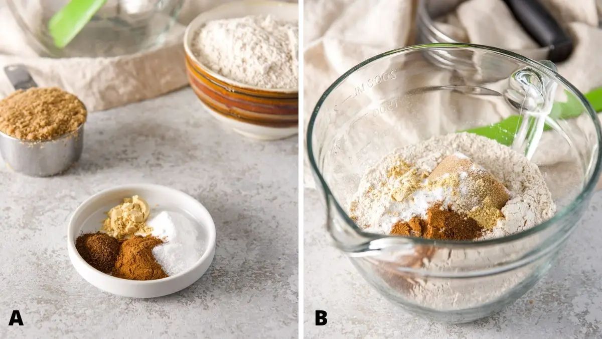On the left - flour, sugar, ginger, cloves, cinnamon, salt and baking soda. On the right - all the ingredients in a bowl