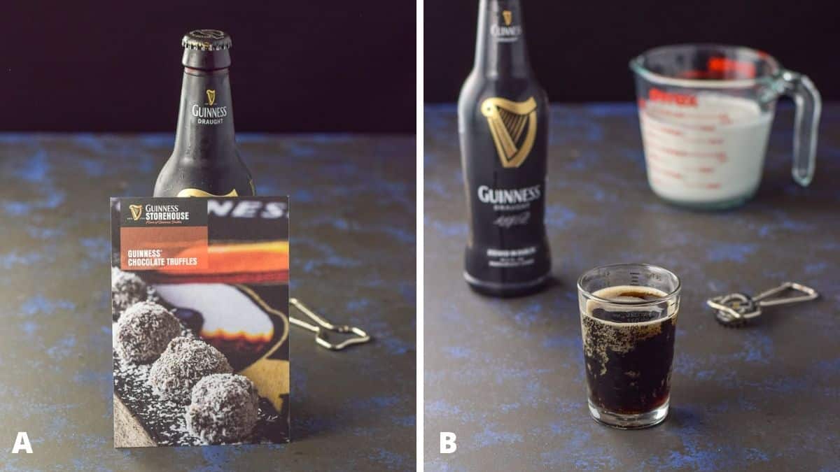 A recipe card against a beer on the left and on the right, stout and cream poured out