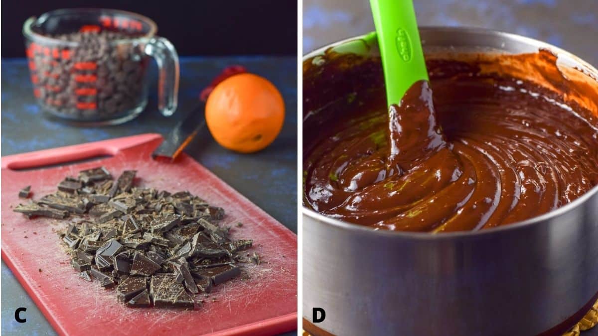 On the left - Chocolate cut up on a red board, a glass bowl filled with chocolate chips and an orange. On the right - the chocolate ingredients melted in a pan