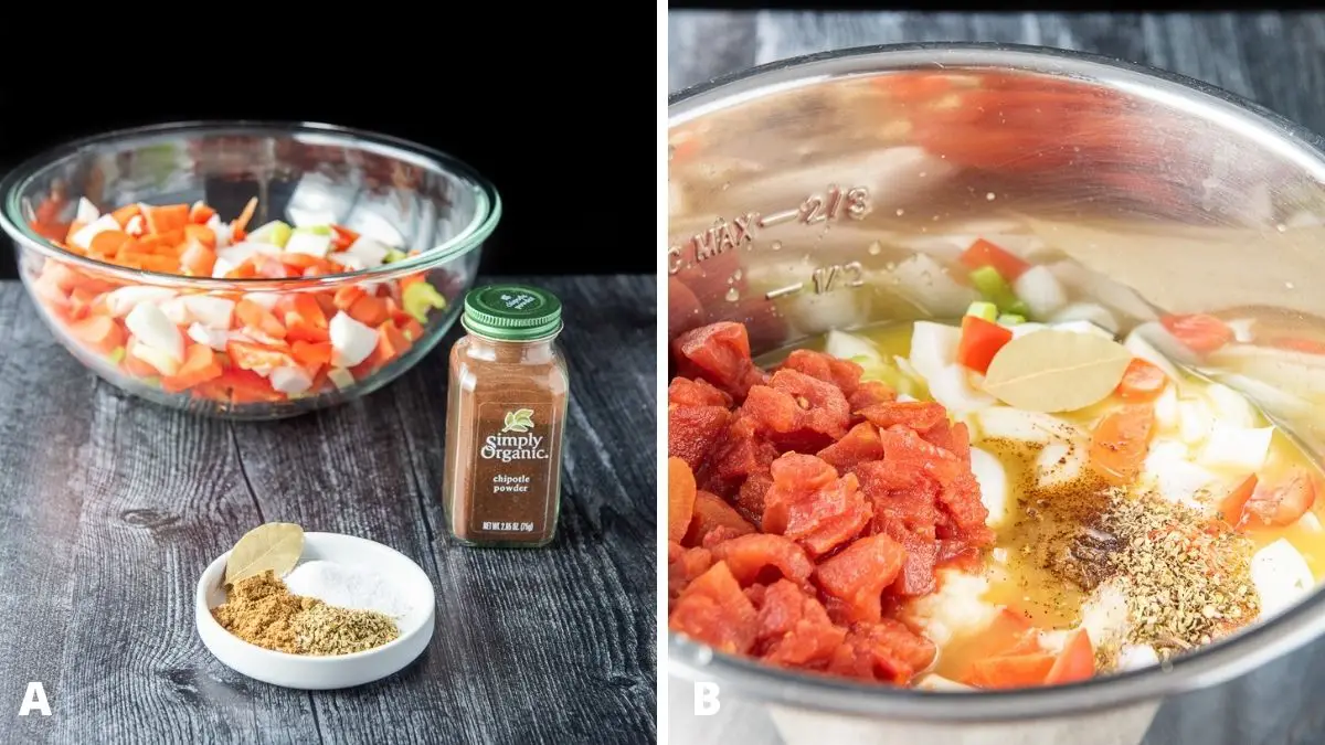 Left - herbs and spices and a glass bowl with chopped vegetables. Right - All the ingredients in the IP container