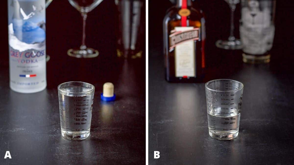 Vodka and Cointreau measured out with the bottles in the background