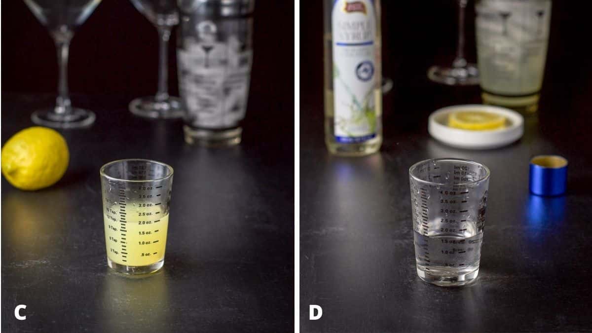 Lemon juice and simple syrup with lemon and the bottle in the background