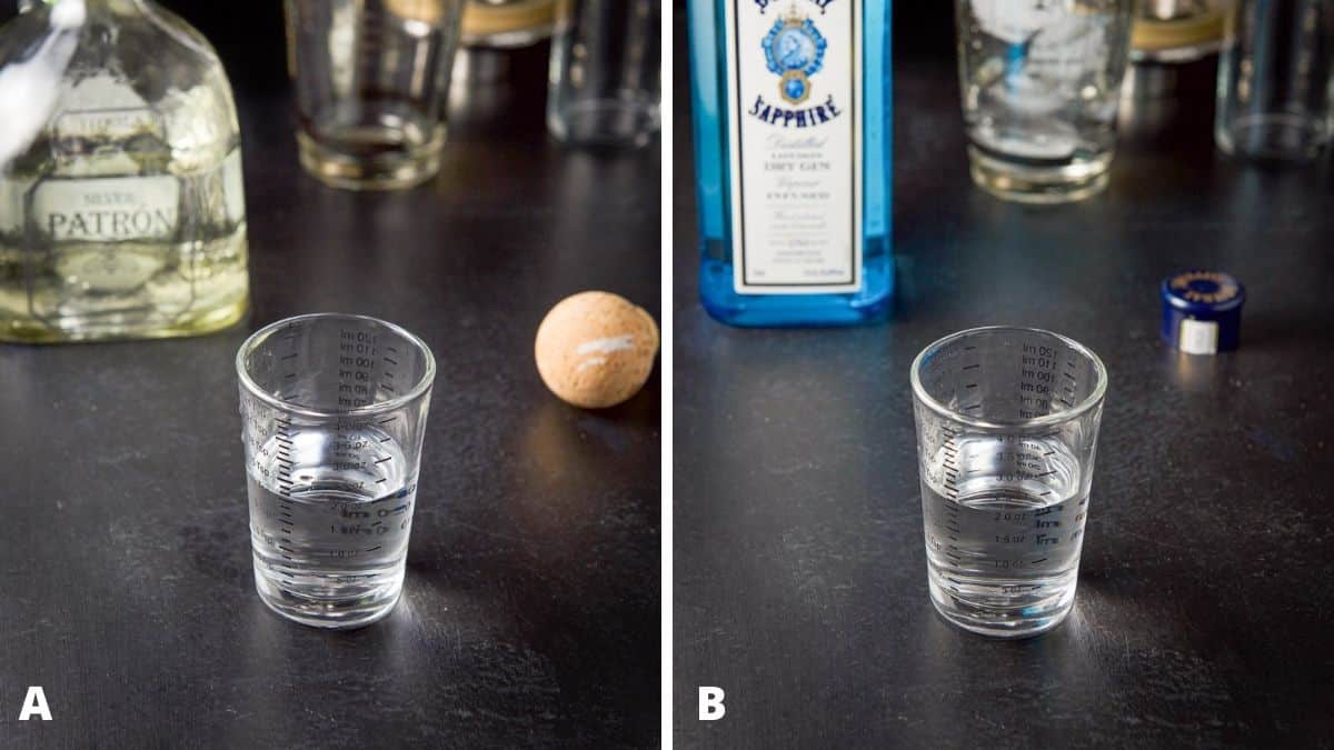 Tequila and gin measured with the bottles int he background