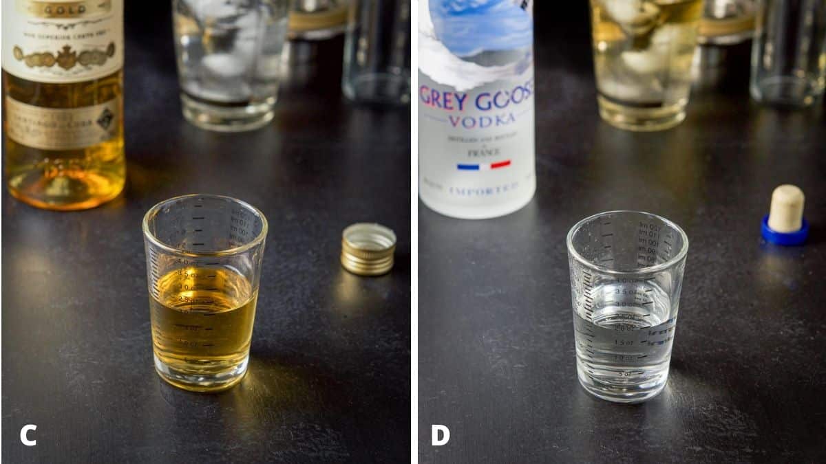 Gold rum and vodka measured out with the bottles and shaker in the background