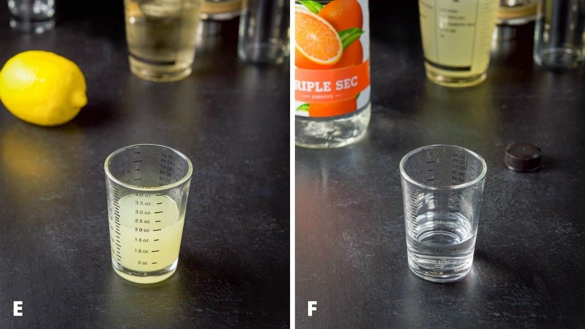 Lemon juice and triple sec measured out with the lemon and bottle in the background