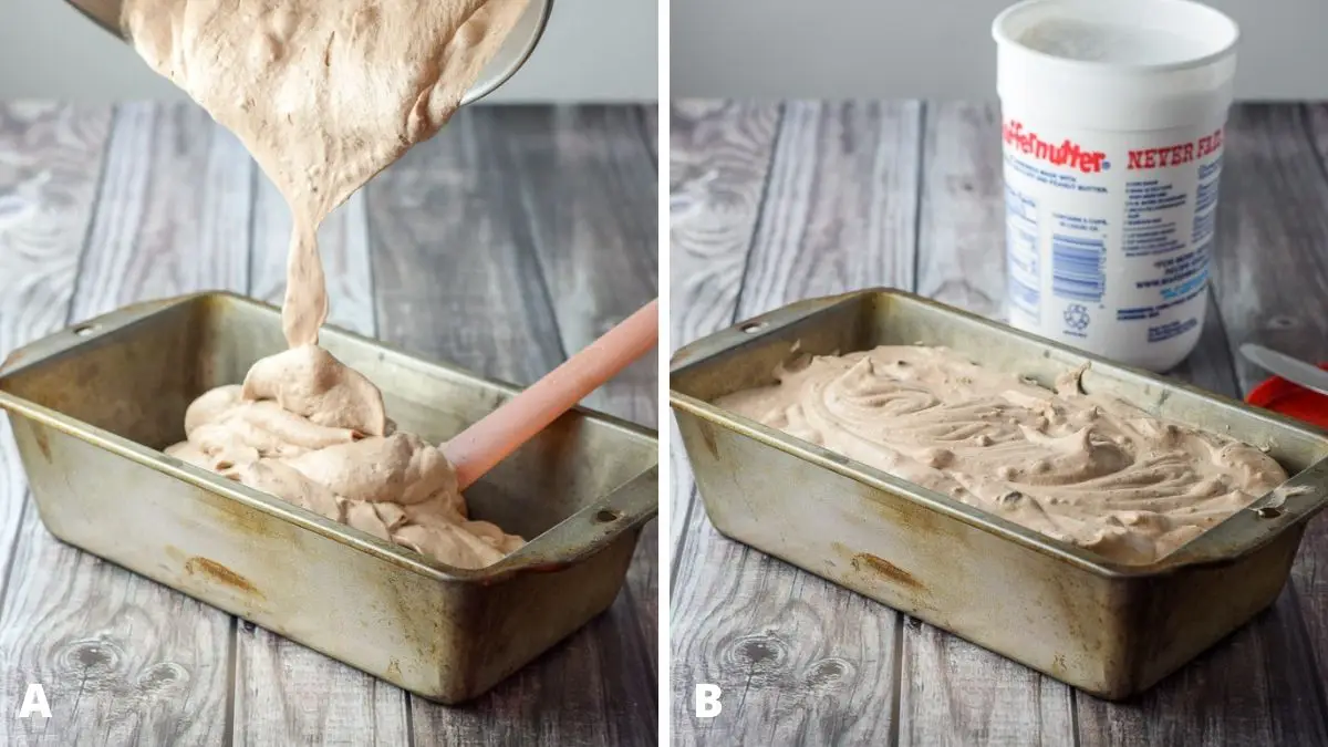 Left - pouring the mixed ingredients in a bread pan. Right - a bread pan with the mixed ingredients for the ice cream in the pan with some fluff behind it