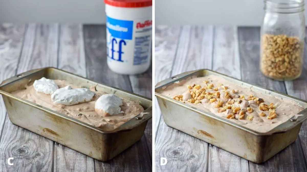 Left - a bread pan with ice cream with marshmallow fluff dolloped on it. Left - the fluff mixed in the ice cream with walnuts sprinkled on it