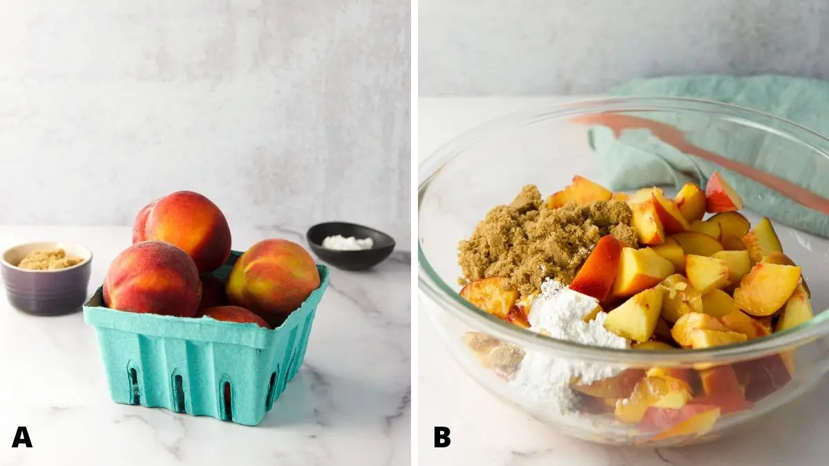 Left - Peaches, sugar and corn starch. Right - The dry ingredients added to the peaches in a bowl