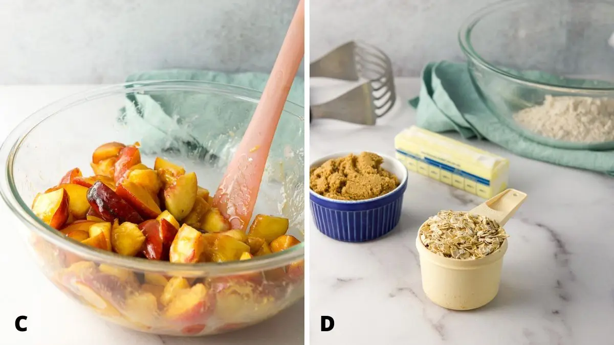 Left - Peaches and dry ingredients mixed. Left - oats, sugar, flour, butter and a glass bowl and pastry blender