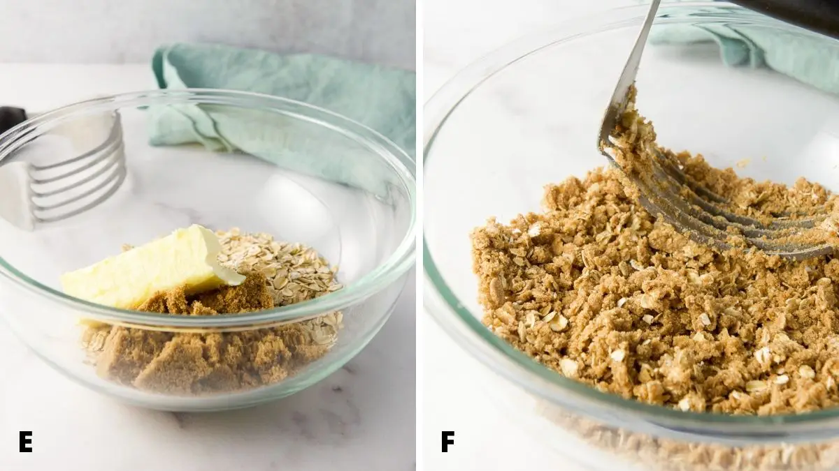 Left - butter added to a glass bowl with the dry ingredients. Right - the dry ingredients mixed with the butter for the crumble