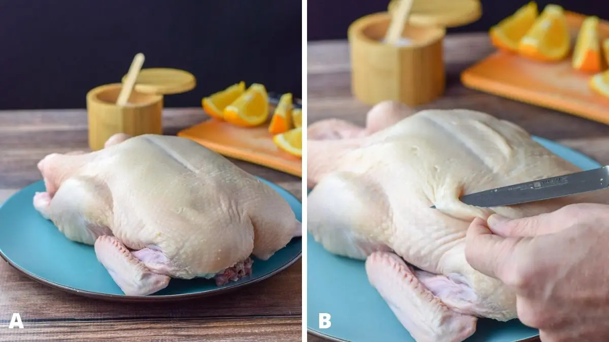 Left - Raw duck on a blue platter with salt and orange wedges. Right - a male hand cutting slits in the skin of the duck