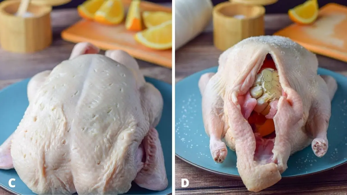Left - duck with the slits in the skin. Right - duck is salted and garlic and orange slices stuffed in the bird