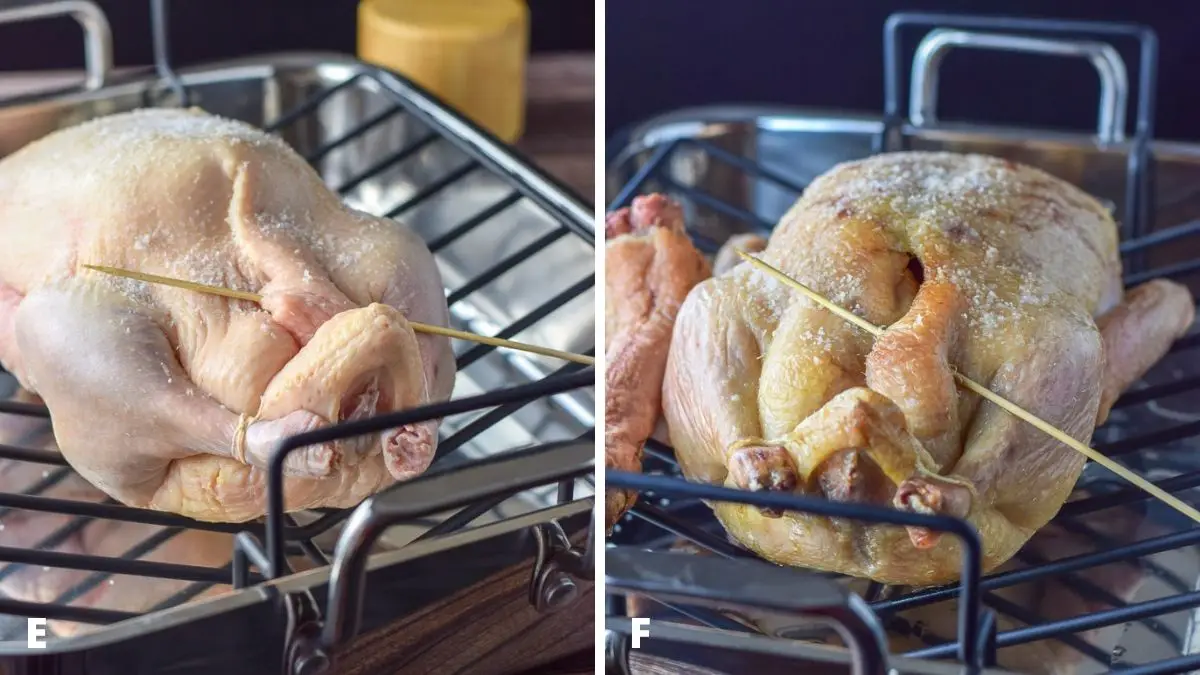Left - duck trussed up in the baking pan. Right - duck after being cooked an hour