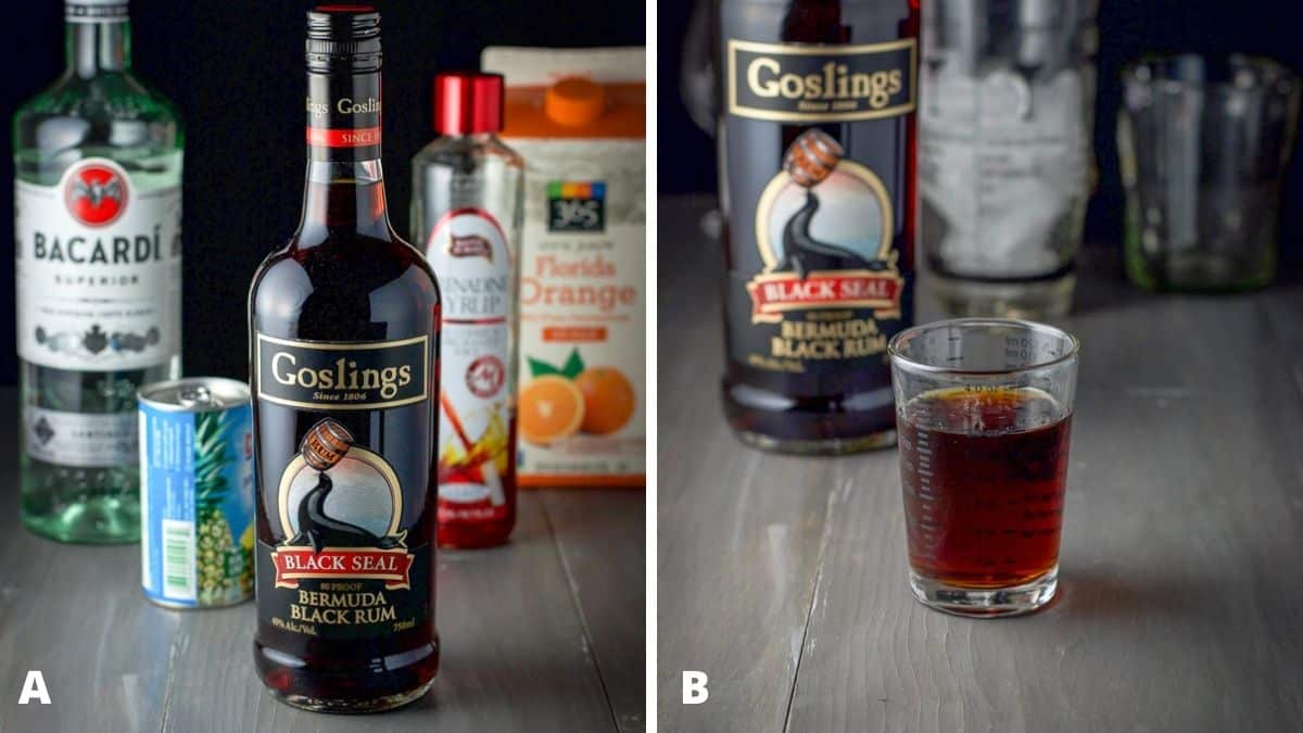 Left - dark rum, clear rum, orange juice, pineapple juice and grenadine. Right - dark rum measured out with the bottle, shaker and glasses in the back