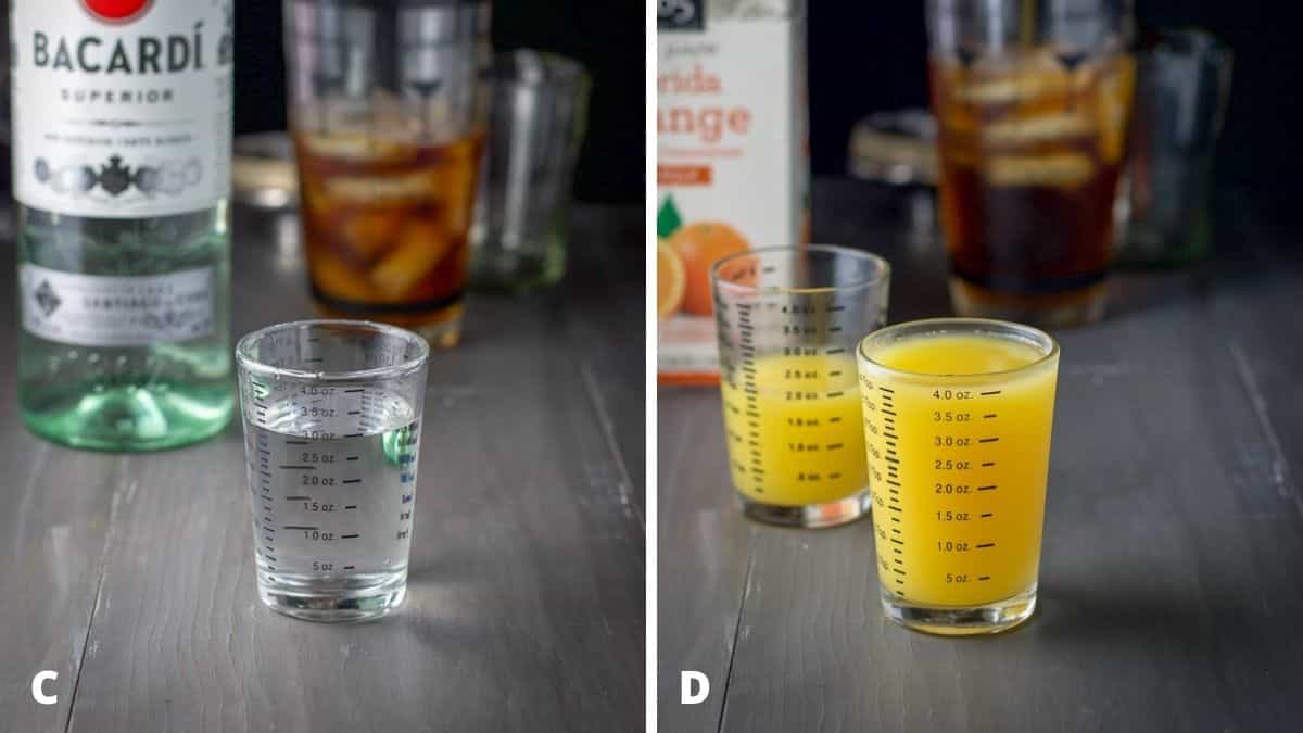 Clear rum and orange juice measured out with the bottles, shaker and glassware in the background