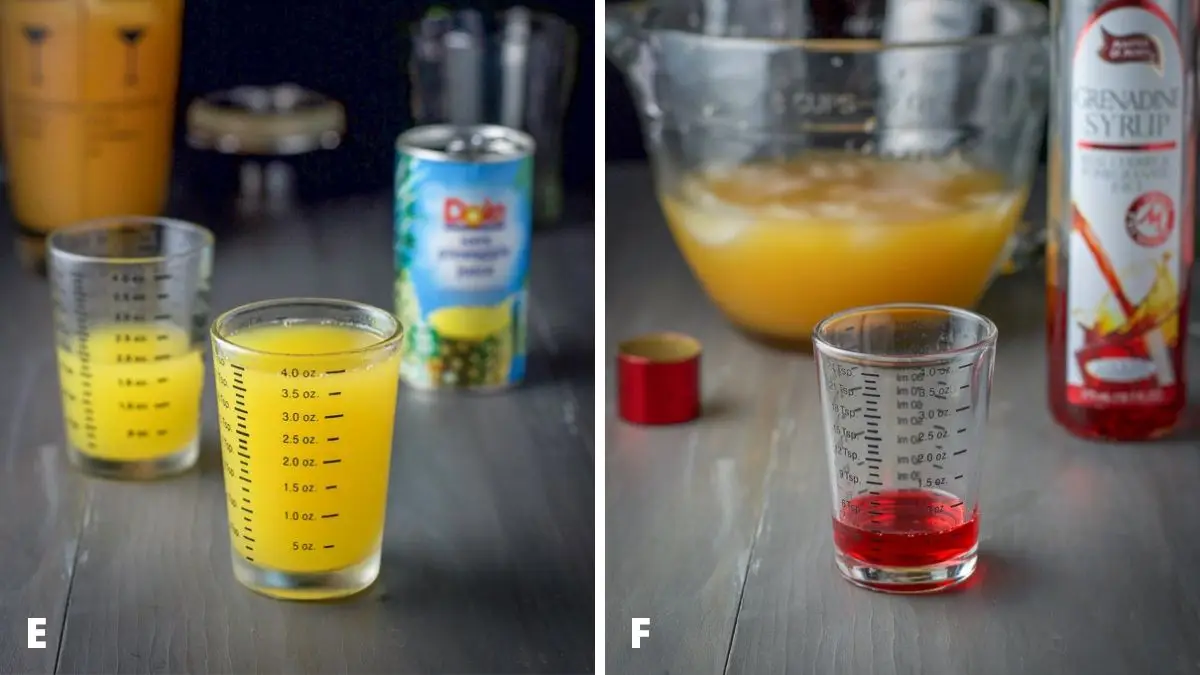 Pineapple juice and grenadine measured out with the bottle and can in the background