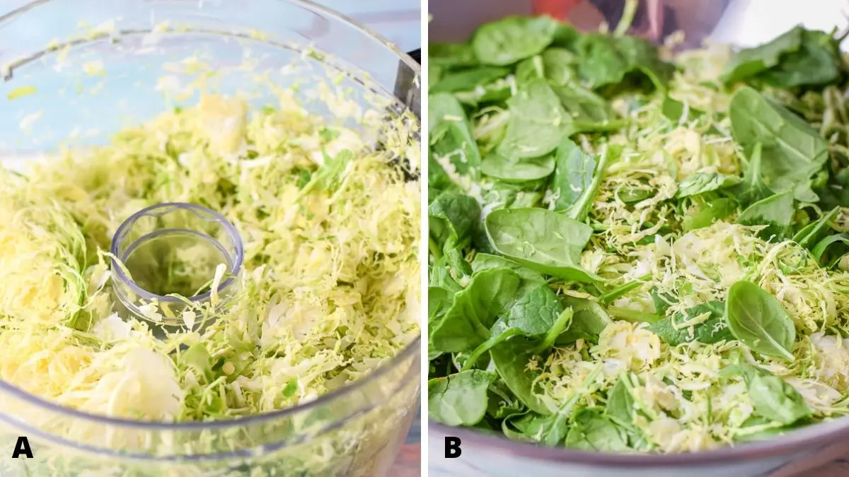 Left - brussel sprouts shredded in a food processor. Right - the shredded sprouts and spinach in a mixing bowl