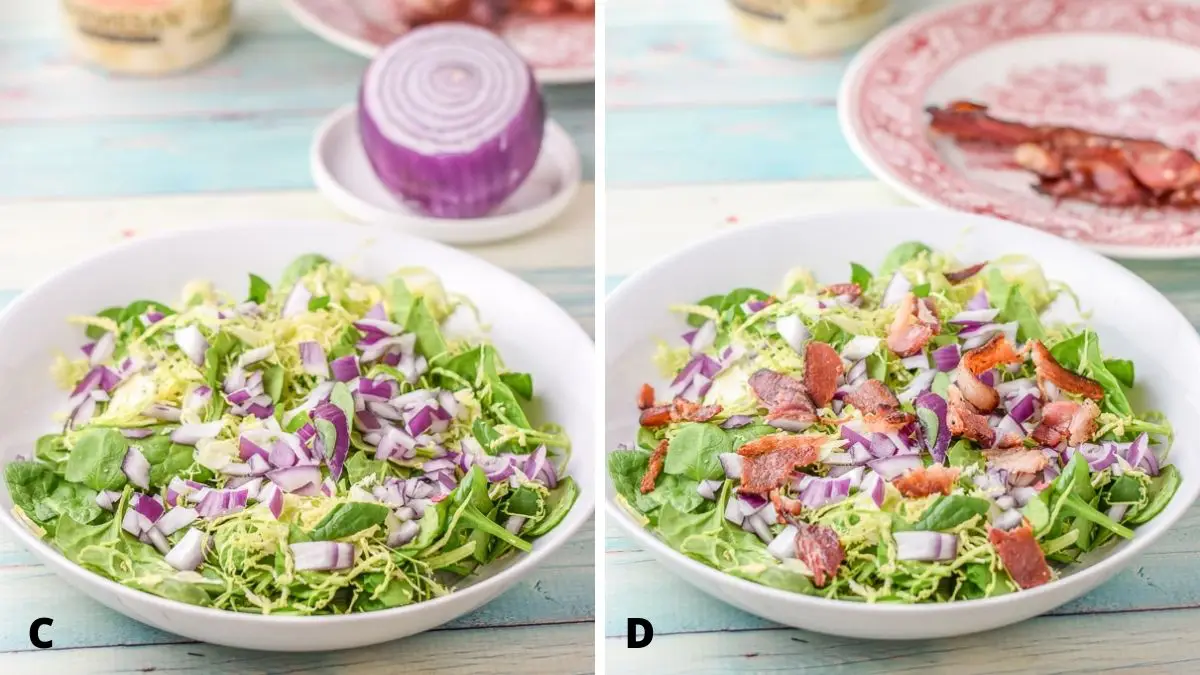 Left - purple onion on the greens in a bowl. Right - Bacon crumbled on the salad