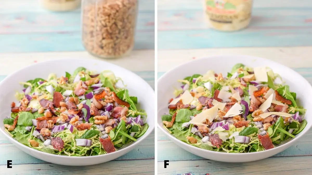 Left - walnuts added to the salad. Right - shaved parmesan on the salad in a white bowl