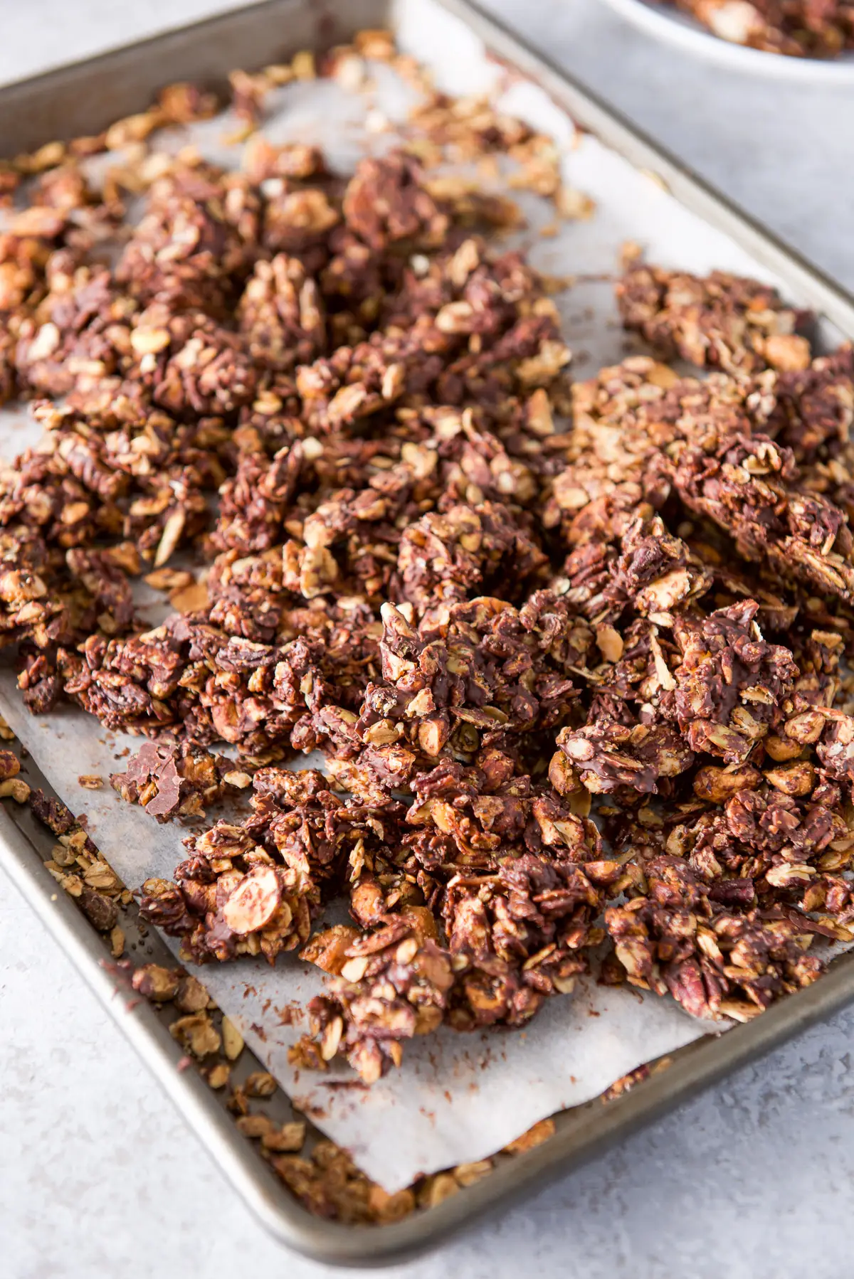 The chocolate firmed up on the granola and broken apart into clusters