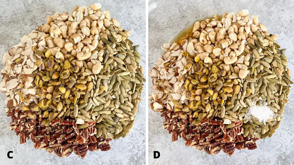 Left - overhead view of the nuts and seeds added to the bowl. Right - Oil, maple syrup and salt added to the bowl