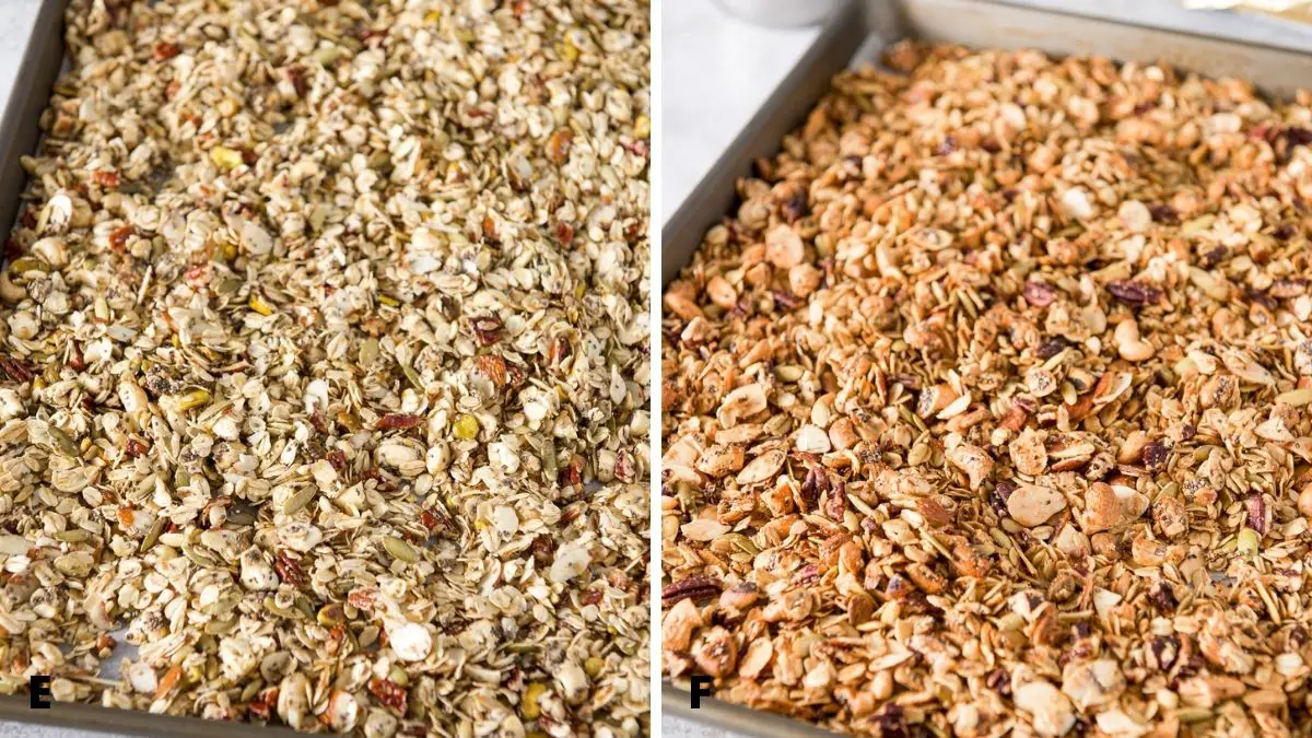 Left - the mixed granola spread on a jelly roll pan. Right - granola out of the oven but still in the pan