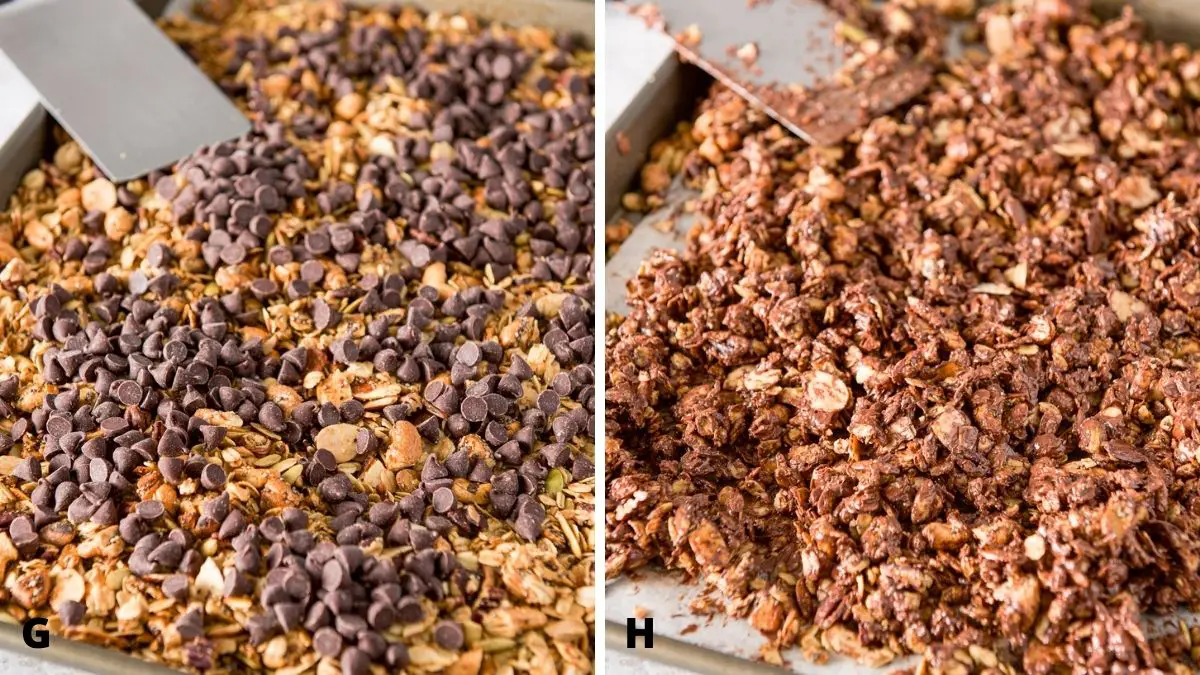 Left - chocolate chips added to the pan of granola. Right - the chocolate mixed with the granola