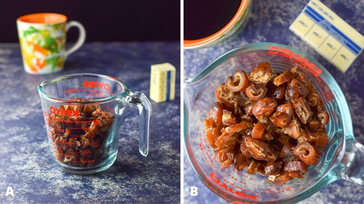 Left - cut up dates in a glass measuring cup, butter and a coffee mug. Right - overhead view of the same ingredients