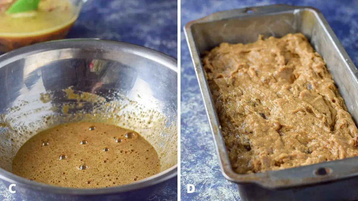 Left - metal bowl with coffee and hot water. Right - bread batter in a bread pan