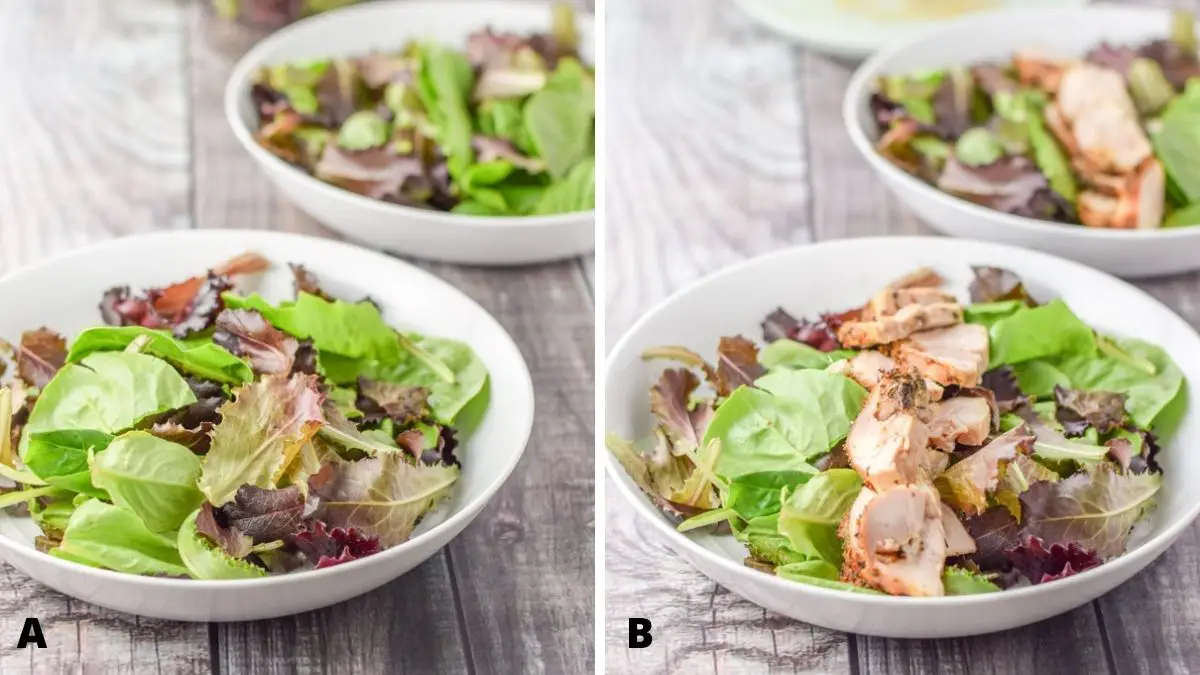 Left - lettuce added to the deep plates. Right - chicken in a line in the middle of the lettuce