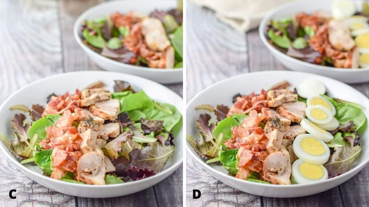 Left - bacon added next to the chicken in the salad. Right - sliced egg beside the chicken in the salad in the deep plates